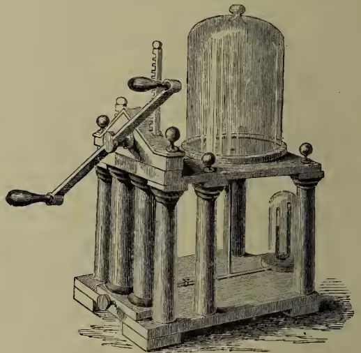 A detailed black and white illustration of an air pump. It consists of a large, vertical, bell-shaped glass cylinder mounted on a sturdy, four-legged wooden base. A horizontal rod is attached to the top of the cylinder, with a handle at one end and a valve mechanism at the other. A small, U-shaped glass tube, the receiver, is connected to the bottom of the cylinder and sits on a flat surface. The entire apparatus is shown in a three-quarter view, highlighting its mechanical components and construction.