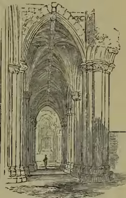 A black and white illustration of a church interior, specifically the aisle at Melrose Abbey. It shows a high, vaulted ceiling with pointed arches. A person is standing in the aisle, providing a sense of scale. The architecture is Gothic, with detailed stonework and a sense of depth.