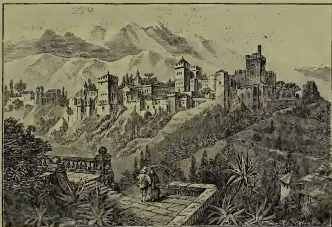A detailed black and white engraving of the Alhambra palace complex in Granada, Spain. The illustration shows the palace built into a hillside, with its characteristic towers and walls. In the foreground, a stone terrace or balcony is visible, with a person standing on it looking out over the city. The background features the rugged, mountainous landscape of the Sierra Nevada.