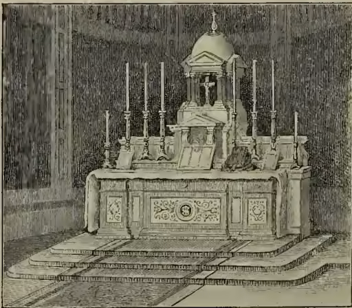 A detailed black and white illustration of a high altar in a church. The altar is made of stone and features a central tabernacle with a glass door, topped by a crucifix. Several tall, thin candles are placed on the altar, and there are decorative carvings on the front panel. The altar is set on a raised platform with a rug in front of it.