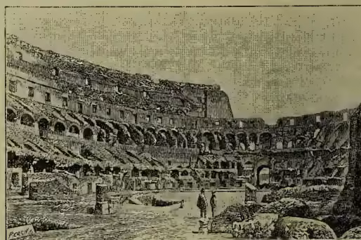 A black and white engraving showing the interior of the Colosseum. The view is from the arena looking up at the tiers of seating. The structure is filled with people, and the perspective emphasizes the immense scale of the building.