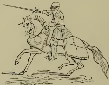 A black and white line drawing of a knight in full plate armor riding a horse. The knight is in a dynamic pose, leaning forward as if charging or maneuvering. He wears a full helmet with a visor, a breastplate, gauntlets, and greaves. The horse is also heavily armored, with visible plates on its body and legs. The drawing is detailed, showing the articulation of the armor plates and the texture of the horse's coat.