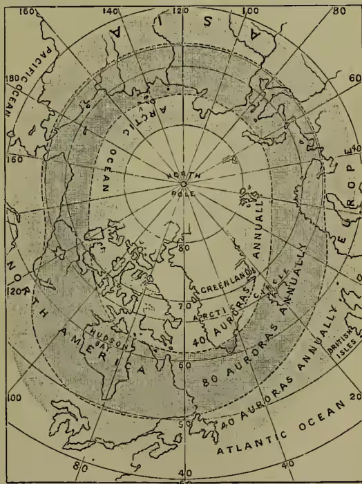 A polar projection map of the Northern Hemisphere showing the geographical distribution of the Aurora Borealis. The map is centered on the North Pole, with latitude lines marked from 60°N to 90°N and longitude lines from 0° to 180°. Shaded regions indicate areas of auroral activity. A prominent oval-shaped zone is shown, labeled '80 AURORAS ANNUALLY' and '40 AURORAS ANNUALLY'. Other labels include 'ARCTIC OCEAN', 'ATLANTIC OCEAN', 'PACIFIC OCEAN', 'GREENLAND', 'RUSSIA', 'NORWAY', 'SWEDEN', 'FINLAND', 'ESTONIA', 'LATVIA', 'LITHUANIA', 'POLAND', 'RUSSIAN ISLES', 'AMERICAN ISLES', and 'NORTH AMERICA'. The map also shows the 'NORTH POLE' and 'SOUTH POLE'.