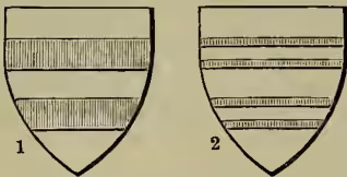 Two heraldic shields labeled 1 and 2. Shield 1 shows a shield with a horizontal bar across the middle, with a smaller horizontal bar (barrulet) in the upper left corner. Shield 2 shows a shield with a horizontal bar across the middle, with a smaller horizontal bar (barrulet) in the upper right corner.