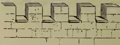 A technical drawing showing a cross-section of a battlement. It consists of a series of rectangular blocks (merlons) separated by recessed areas (crenelles). The blocks are stacked on top of a base wall, and the entire structure is shown with some internal structural details like mortar joints and possibly some decorative elements.