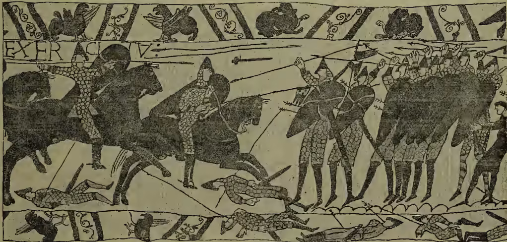 A black and white reproduction of a section of the Bayeux Tapestry depicting the Battle of Hastings. The scene is a chaotic battle with many knights on horseback engaged in combat. Some knights are falling from their horses, and others are being struck by spears. The background features a decorative border with repeating patterns of birds and foliage. The Latin inscription 'EXERCITVS' is visible in the upper left corner of the scene.