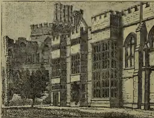 A detailed black and white illustration of a large, ornate bay-window. The window is set into a building with multiple stories and features intricate stonework, including corbels and decorative moldings. The window itself is a large, arched opening that projects outwards from the building's facade, creating a recessed space. The illustration is rendered in a fine-line, engraved style.