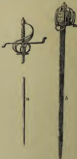 An illustration showing two types of swords. On the left is a rapier, labeled 'a', which is a short, slender sword with a simple cross-guard and a pommel. On the right is a basket-hilted Ferrara, labeled 'b', which is a longer sword with a more elaborate cross-guard and a pommel featuring a decorative basket-like structure. A vertical line between them serves as a scale bar.