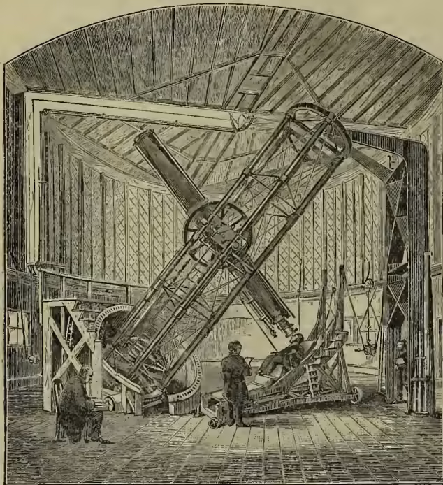 A detailed black and white engraving of the Great Equatorial Telescope at Greenwich Observatory. The telescope is a massive, complex instrument mounted on a large, arched wooden structure. It features a long, angled tube supported by a network of beams and pulleys. Several men are visible at the base of the structure, providing a sense of scale. The interior of the observatory is shown with wooden walls and a high, vaulted ceiling.