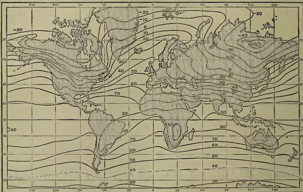 A world map showing isothermal lines for the mean temperature in January. The map uses a grid of latitude and longitude. Isotherms are labeled with temperature values in degrees Celsius, ranging from -30 to 90. The -30 line is in the far north, and the 90 line is in the far south. The lines curve around the continents, showing how temperature varies across the globe in January.