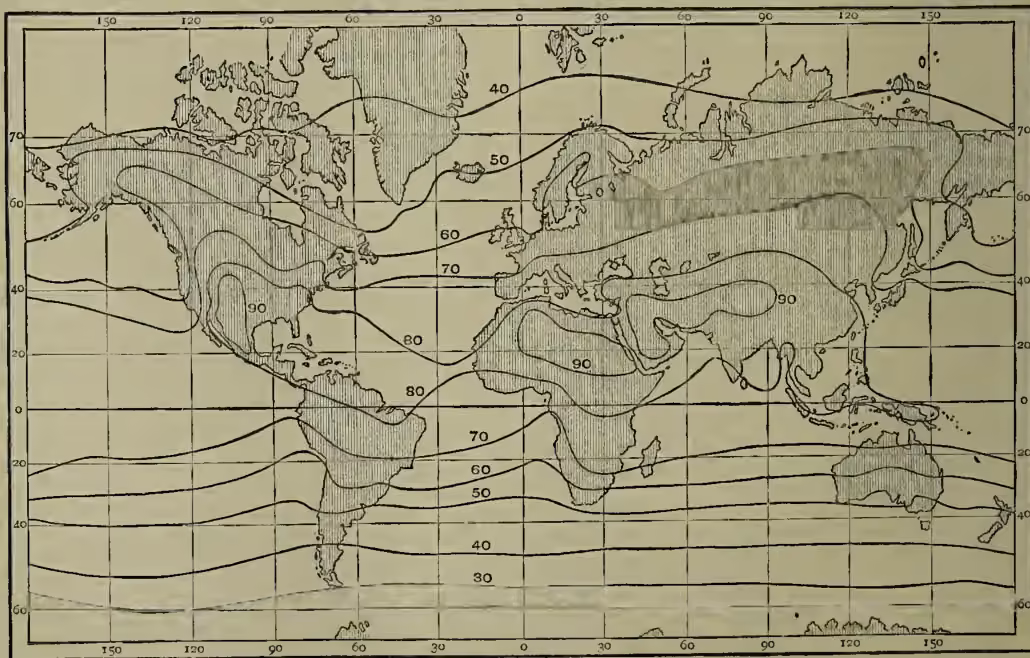 A world map showing isothermal lines for the mean temperature in July. The map uses a grid of latitude and longitude. Isotherms are labeled with temperature values in degrees Celsius, ranging from 30 to 90. The 30 line is in the far south, and the 90 line is in the far north. The lines curve around the continents, showing how temperature varies across the globe in July.