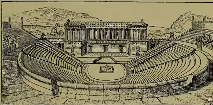 A detailed black and white engraving of the restored Theatre at Segesta. The drawing shows a semi-circular amphitheater with tiered stone seating. In the center is a rectangular stage (logeion) with a small platform (ekkyklēma) in front of it. The stage is backed by a long building with columns (proskénion). The entire structure is set against a backdrop of hills and a clear sky. The drawing is signed 'J. H. H. 1840' in the bottom right corner.