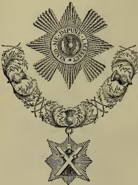A detailed engraving of the Order of the Thistle. It features a central circular medallion with a thistle and the motto 'QUI PRO ME IMPUNE JACCHAM' (Who for me safely slayeth). This is surrounded by a wreath of thistles and a ribbon with the motto 'QUI PRO ME IMPUNE JACCHAM'. Below the wreath is a five-pointed star with a cross in the center, which is the St Andrew's cross.