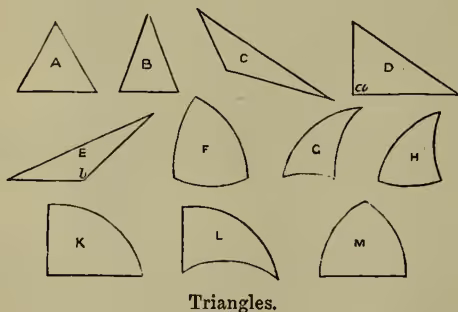Diagram showing various types of triangles labeled A through M. A and B are acute-angled triangles. C is a scalene triangle. D is a right-angled triangle with a 90-degree angle marked. E is an obtuse-angled triangle. F, G, H, K, L, and M are curved triangles, which are sectors of circles.