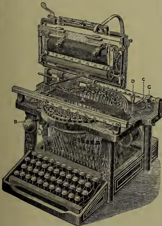 A detailed black and white illustration of a Remington's No. 5 type-writer. The machine is shown from a three-quarter perspective, highlighting its complex mechanical structure. It features a keyboard at the bottom, a carriage with a paper support, and a large platen at the top. Various parts are labeled with letters: 'A' points to the inking ribbon, 'B' to the shifter, 'C' and 'D' to the carriage, and 'G' to the stop. The illustration is highly detailed, showing the individual type bars and the intricate gears and levers that make the machine work.