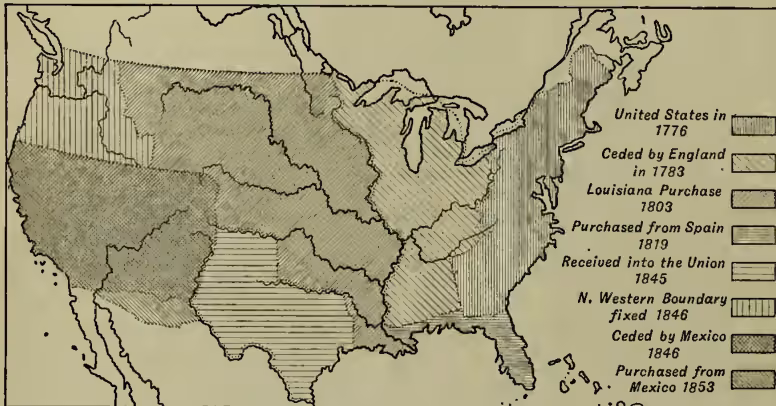A map of the United States showing its territorial expansion at various dates. The map uses different hatching patterns to represent different acquisitions: solid grey for the United States in 1776; diagonal lines for land ceded by England in 1783; horizontal lines for the Louisiana Purchase in 1803; vertical lines for land purchased from Spain in 1819; horizontal lines for land received into the Union in 1845; vertical lines for the N. Western Boundary fixed in 1846; diagonal lines for land ceded by Mexico in 1846; and solid grey for land purchased from Mexico in 1853. The map shows the contiguous United States and parts of Alaska and Hawaii.