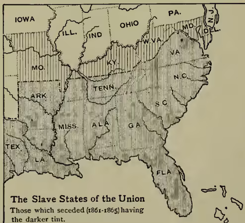 A map titled 'The Slave States of the Union' showing the states that seceded from the Union in 1861-1865. The states are shaded in a darker tint than the rest of the map. The states shown are Iowa, Illinois, Indiana, Ohio, Pennsylvania, New Jersey, Delaware, Maryland, Virginia, West Virginia, Kentucky, Tennessee, North Carolina, South Carolina, Georgia, Alabama, Mississippi, Arkansas, Missouri, Texas, Louisiana, and Florida. The legend at the bottom states: 'The Slave States of the Union Those which seceded (1861-1865) having the darker tint.'