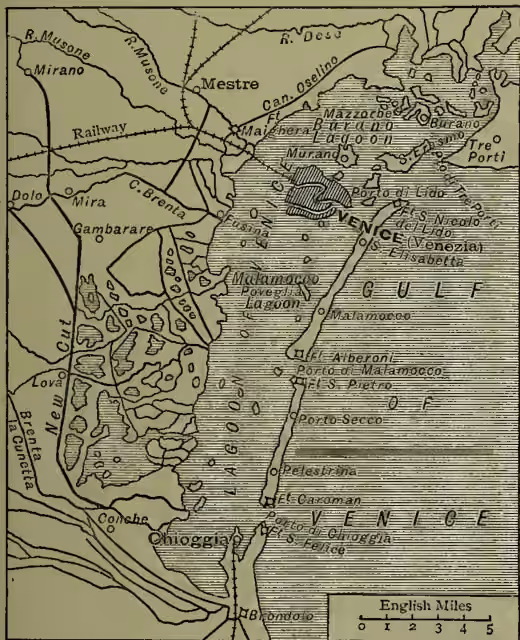 A detailed map of Venice and its surrounding region. The map shows the city of Venice (VENEZIA) situated on the lagoon, with the Grand Canal (Canalazzo) running through it. The Rialto bridge is shown crossing the canal. The map also depicts the surrounding mainland, including the towns of Mestre, Mira, and Chioggia. The Gulf of Venice (GULF) is to the east, and the Adriatic Sea is to the south. The map includes a scale bar in English Miles (0 to 5).