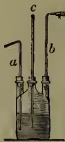 Diagram of a Wolfian Bottle, showing a glass apparatus with two tubes labeled 'a' and 'b', and a neck labeled 'c'.