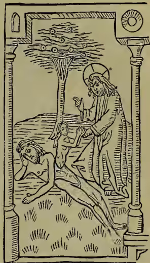 Fig. 3: A wood engraving from the Biblia Pauperum showing the creation of Eve. A figure representing God stands on the right, gesturing towards a figure representing Eve on the left. The scene is framed by a simple architectural structure with columns and a decorative element at the top right.