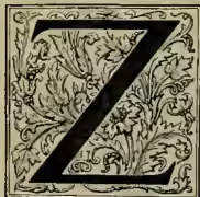 A large, ornate, blackletter capital letter 'Z' with decorative flourishes, serving as a drop cap for the first word in the main text.