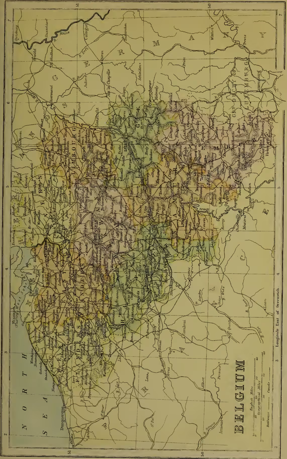A detailed historical map of Belgium, showing the coastline, major cities, rivers, and railway networks. The map is oriented with North at the top. Major cities like Brussels, Antwerp, and Liège are prominent. The Rhine, Meuse, and Scheldt rivers are clearly marked. A grid of latitude and longitude lines is overlaid on the map.