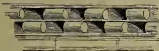 A technical drawing of a 'Billet' architectural ornament. It shows a horizontal row of five cylindrical billets, each with a central longitudinal groove. The billets are arranged in a slightly staggered pattern, with the ends of the billets facing each other, creating a series of notches or 'V' shapes between them. The drawing is a simple line illustration with some cross-hatching for shading.