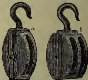 Two illustrations of ship blocks. Block 'a' is a single 'outside ironbound' block, showing a shell with a single sheave and a hook. Block 'b' is a double 'inside ironbound' block, showing a shell with two sheaves and a hook with a swivel.