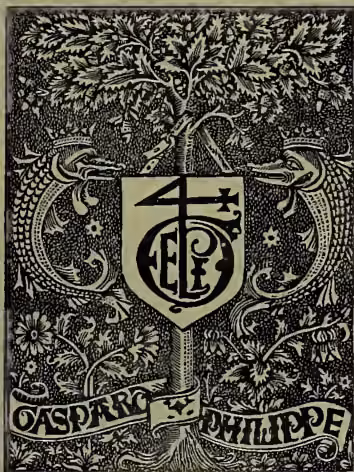 Imprint of Gaspard Philippe, featuring a central shield with a cross and the letters 'G' and 'P', surrounded by a dense, ornate floral and leafy border. Below the shield, the names 'GASPARC' and 'PHILIPPE' are written in a banner.