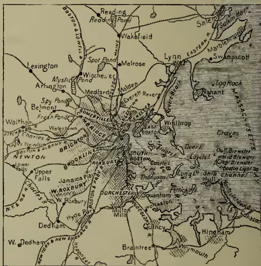 A detailed map of Boston and its vicinity. The map shows the city's layout along the Charles and Mystic rivers, with the Boston Common and the Public Garden at the center. Major streets like the Common, State, and Washington Streets are clearly marked. Surrounding towns and areas such as Reading, Lynn, Waltham, and Dorchester are also indicated. The map includes numerous smaller labels for local landmarks, parks, and water bodies, providing a comprehensive geographical overview of the region.