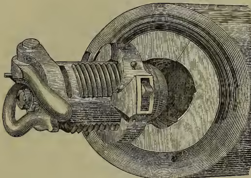 Fig. 6.—Elevation of Breech (open). A side-view diagram of a breech-loading gun's breech block. It shows a screw thread on the breech block and a large circular handle or lever mechanism. The breech block is shown in an open position.