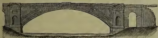 A black and white line drawing of Grosvenor Bridge, showing a large segmental arch supported by piers. The bridge spans a wide body of water, and the surrounding landscape is sketched in a simple style.
