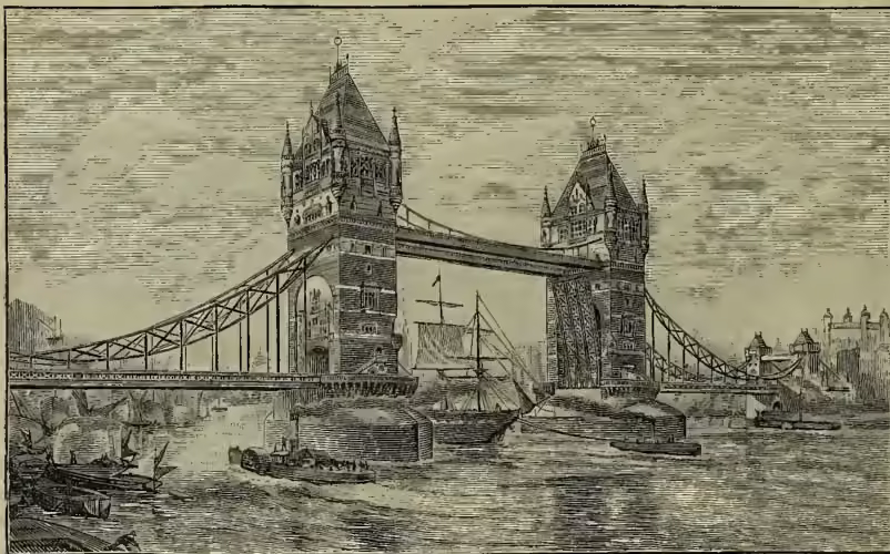 A detailed black and white illustration of the Tower Bridge in London. The bridge features two large Gothic towers connected by a central span and two side spans. Several ships are visible in the water below the bridge, and the surrounding city buildings are shown in the background.