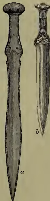 Figure 2: Two bronze weapons. (a) A long, straight sword with a simple pommel. (b) A shorter, slightly curved dagger with a decorative pommel.
