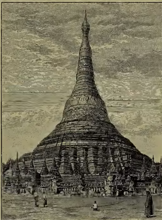 A detailed black and white illustration of the Shway Dagón Pagoda in Rangoon. The pagoda is a massive, multi-tiered structure with a prominent central spire. It is surrounded by smaller buildings and a crowd of people, including some on horseback, in the foreground. The scene is set in an open area, likely a town square or street.