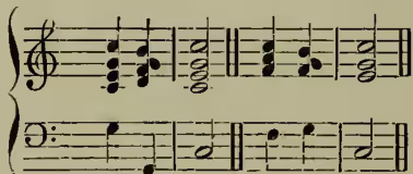 Musical notation for a perfect cadence. The treble staff shows a progression from a major chord on the fifth degree (G major) to a major chord on the tonic (C major). The bass staff shows a progression from a single note on the fifth degree (G) to a single note on the tonic (C).