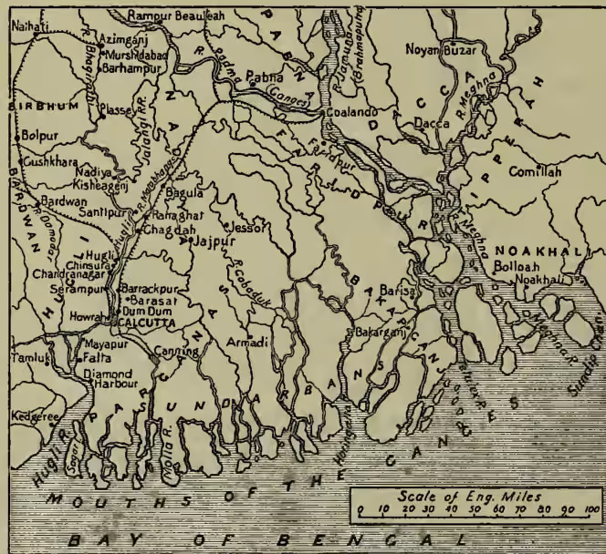 A historical map of Calcutta and its surroundings, showing the city's layout along the river and the Bay of Bengal. The map includes numerous place names such as Howrah, Dum Dum, Barrackpur, Bagula, Jessore, and various islands in the Bay of Bengal. A scale of English miles is provided at the bottom right.