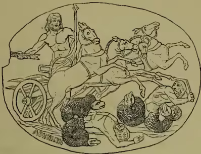 A circular illustration showing a scene from a shell-cameo. It depicts a figure, possibly a deity or king, seated in a chariot pulled by four horses. The figure is surrounded by other figures and animals, including a lion and a bull. The scene is rendered in a detailed, engraved style.