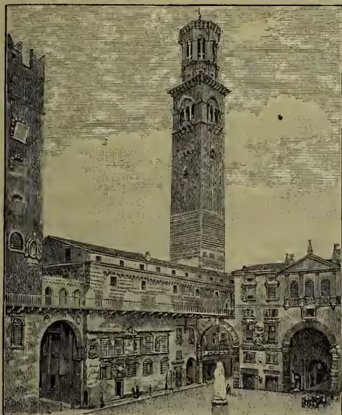 A detailed black and white engraving of the Campanile of the Scaligeri Palace in Verona. The tower is tall and slender, topped with a small spire. It is surrounded by a large, ornate building with multiple stories, arched windows, and decorative elements. The scene is set in a courtyard with a fountain in the foreground.