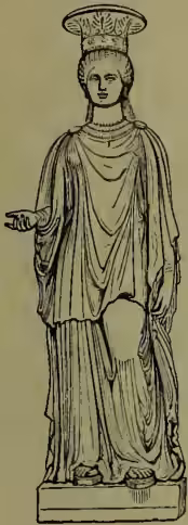 A black and white line drawing of a Caryatid, a female figure in classical Greek attire, standing and holding a small object in her right hand.