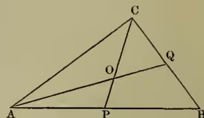 Diagram for Fig. 2 showing a triangle ABC. A line segment CP is drawn from vertex C to the midpoint P of the opposite side AB. Another line segment AQ is drawn from vertex A to the midpoint Q of the opposite side BC. The two segments CP and AQ intersect at a point O.