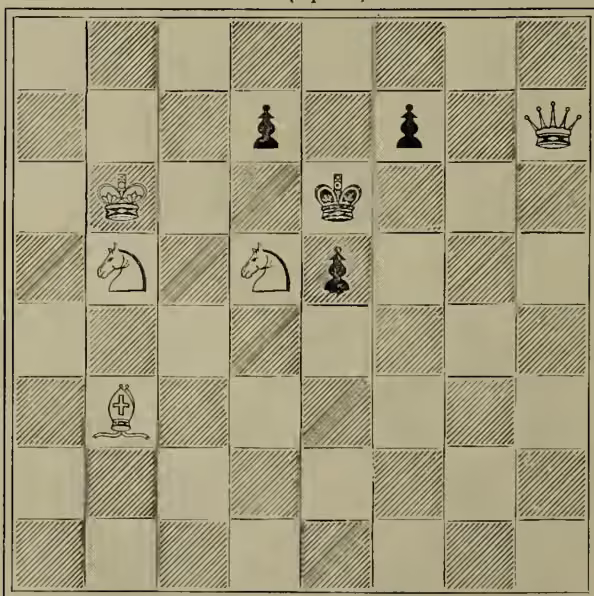 Chessboard diagram for a problem. Black pieces: King on h1, Queen on g1, Rook on f1, Bishop on e1. White pieces: King on e1, Queen on d1, Rook on c1, Bishop on b1, Knight on a1, Knight on b2, Pawn on c2, Pawn on d2, Pawn on e2, Pawn on f2, Pawn on g2, Pawn on h2. The white king is in check from the black queen on d1.