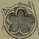 A circular architectural drawing of a cinquefoil, showing a five-petaled flower design within a circular frame, often used in window tracery.