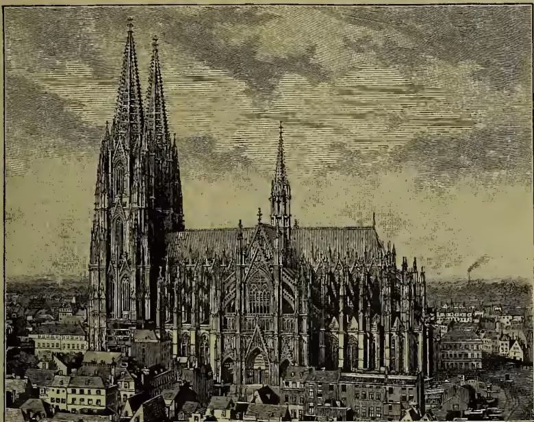 A detailed black and white engraving of Cologne Cathedral (Kölner Dom) in the Gothic style. The cathedral features two prominent, tall spires and a complex facade with numerous windows and decorative elements. It is situated in a city with other buildings visible in the background.