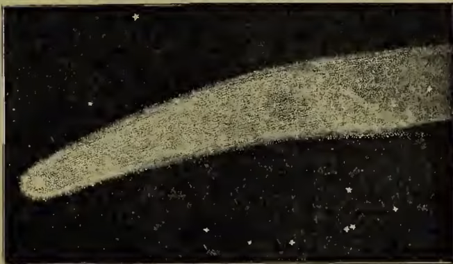 A black and white photograph of Comet 1811, showing a bright, curved tail extending from a central nucleus against a dark background of stars.