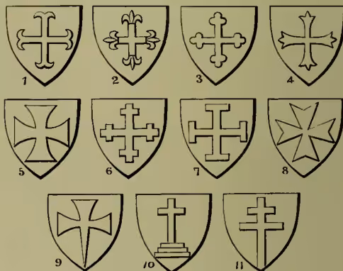 A grid of eleven heraldic shields, each containing a different type of cross. The shields are numbered 1 through 11. 1: cross moline; 2: cross fleury; 3: cross botonée; 4: cross patonce; 5: cross patée; 6: cross crosslet; 7: cross potent; 8: Maltese cross; 9: cross patée fitchée; 10: cross Calvary; 11: patriarchal cross.