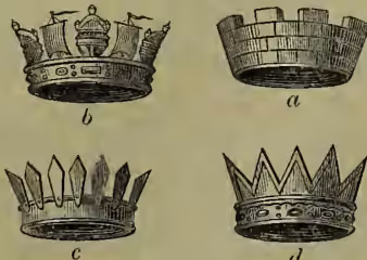 Fig. 6. Four illustrations of classical crowns: a) mural crown, b) naval crown, c) vallary crown, and d) celestial crown.