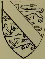 A heraldic shield featuring a diagonal bend from the top-left to the bottom-right. The bend is crossed by a horizontal bar. In the upper-left corner, there is a lion rampant. In the lower-right corner, there is a unicorn rampant. The shield is surrounded by a decorative border.