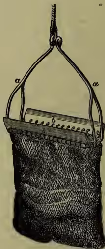 A technical illustration of Dr. Ball's Dredge. It shows a hanging basket with a mesh bag. The basket has a cross-bar at the top with two curved iron arms (labeled 'a') attached. The bag is secured to the cross-bar by iron rings (labeled 'b'). The entire assembly is suspended by a rope.