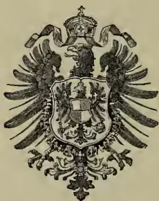 Fig. 1.—German Eagle. A heraldic eagle with a single head, wings spread, holding a sword in its right claw and a sceptre in its left. On its breast is a shield containing the arms of Prussia (a lion rampant on a background of three horizontal bars).